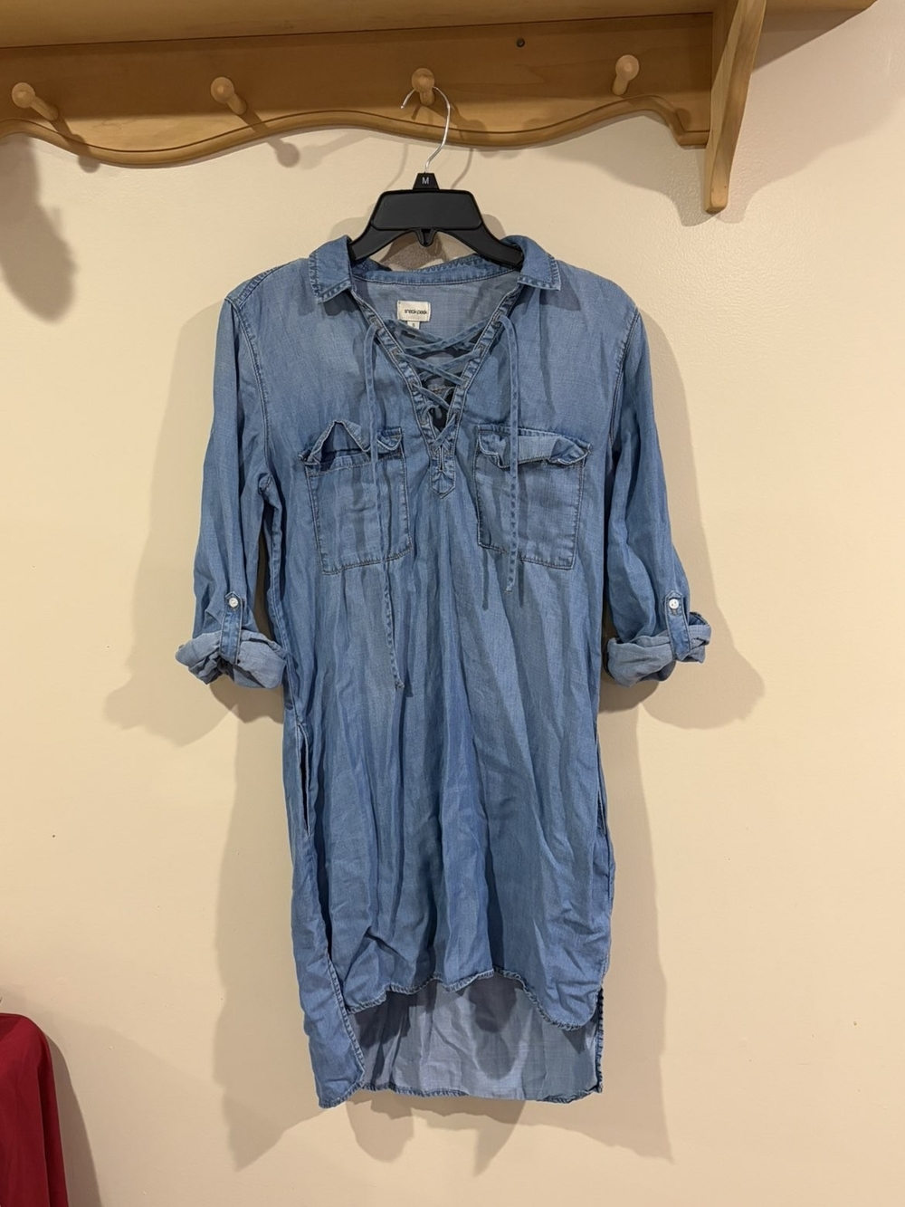 Sneak Peek Light Blue Denim Lace-Up High-Low Shirt Dress